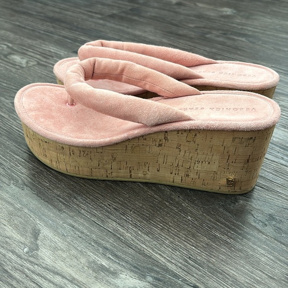 Veronica Beard Cork Platform Wedge Flip Flop Sandal in Pink Suede - Picture 2 of 5